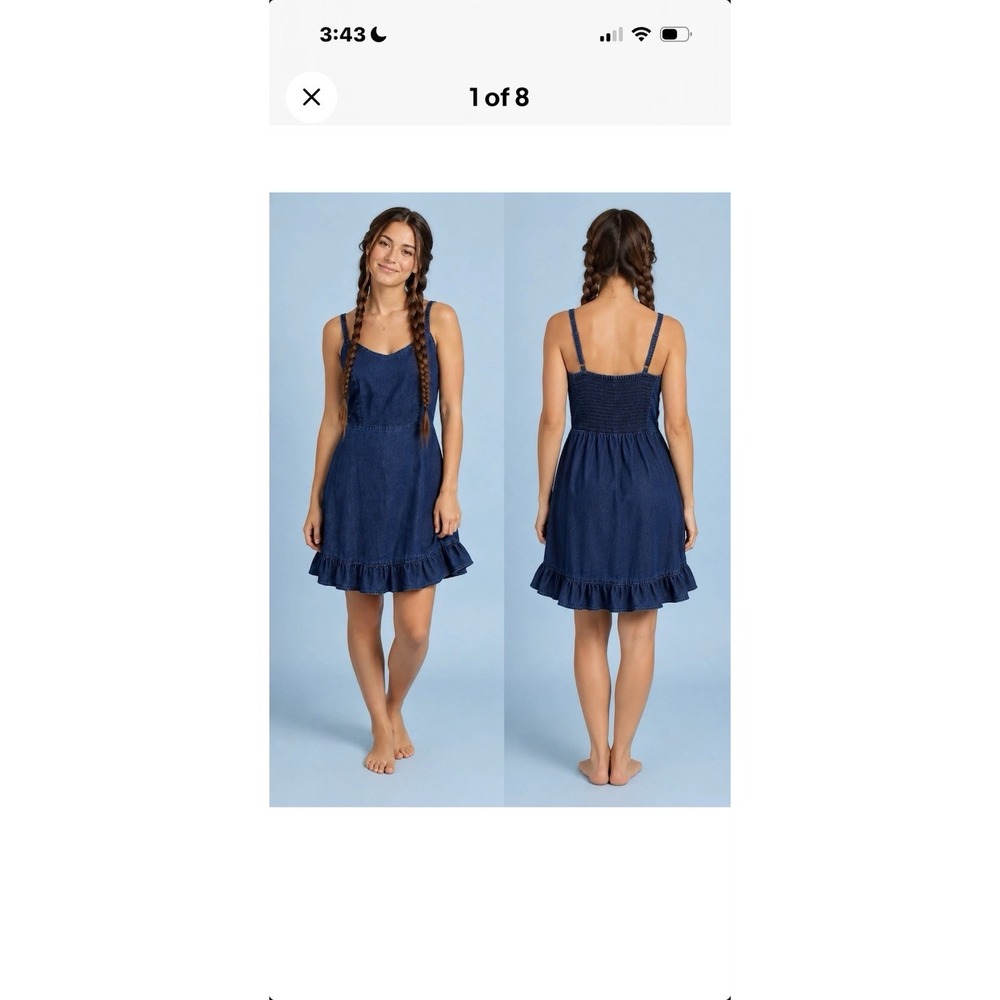Old Navy Denim Dress Spaghetti Strap Smocked Back Ruffle Hem M Boho Whimsy Cute